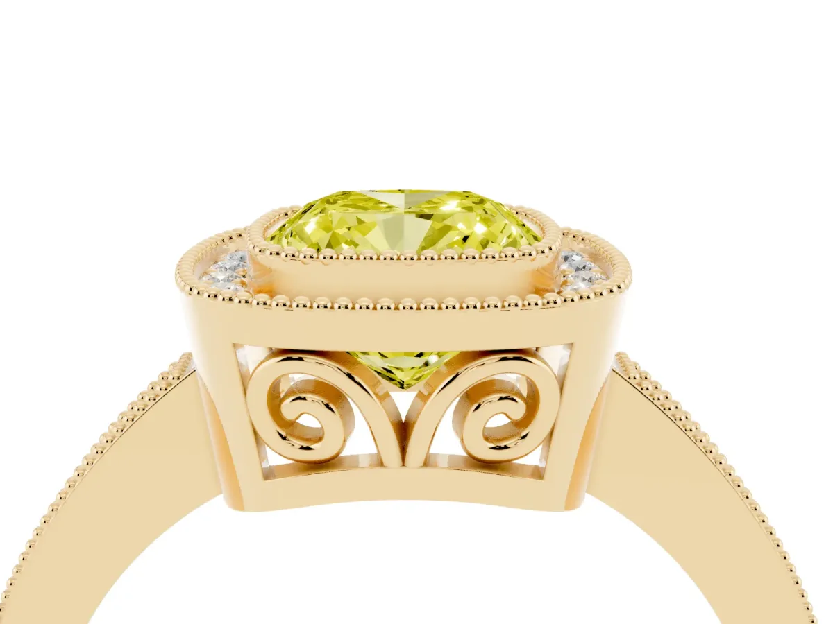 Fancy Yellow Cushion Cut Cut Halo Diamond Ring with Pavé Band and Milgrain Prong Setting Yellow gold