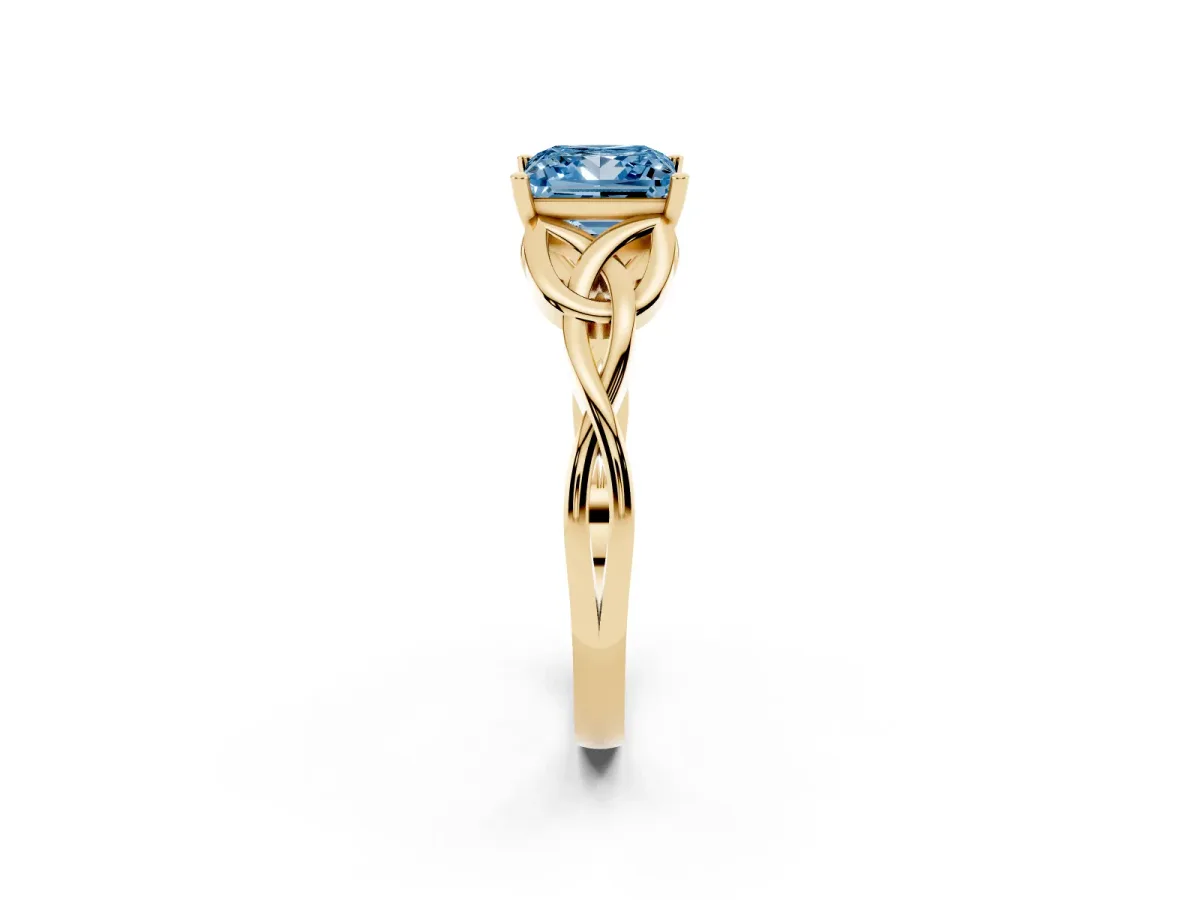 Fancy Blue Princess Cut Diamond Solitaire Engagement Ring with Celtic Knot Band and Four-Prong Setting Yellow gold