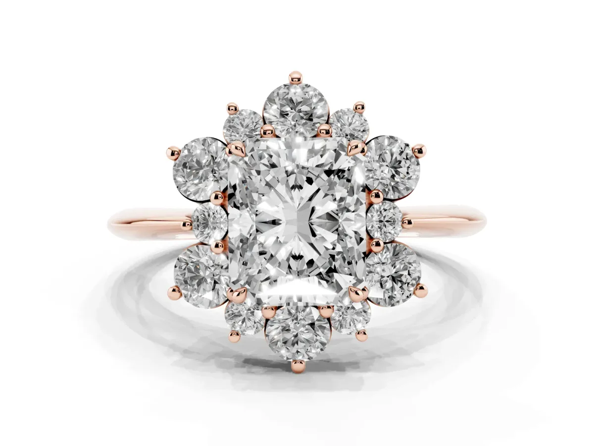 Radiant Cut Diamond Cluster Halo Ring with Solitaire Band and Four-Prong Setting Rose gold