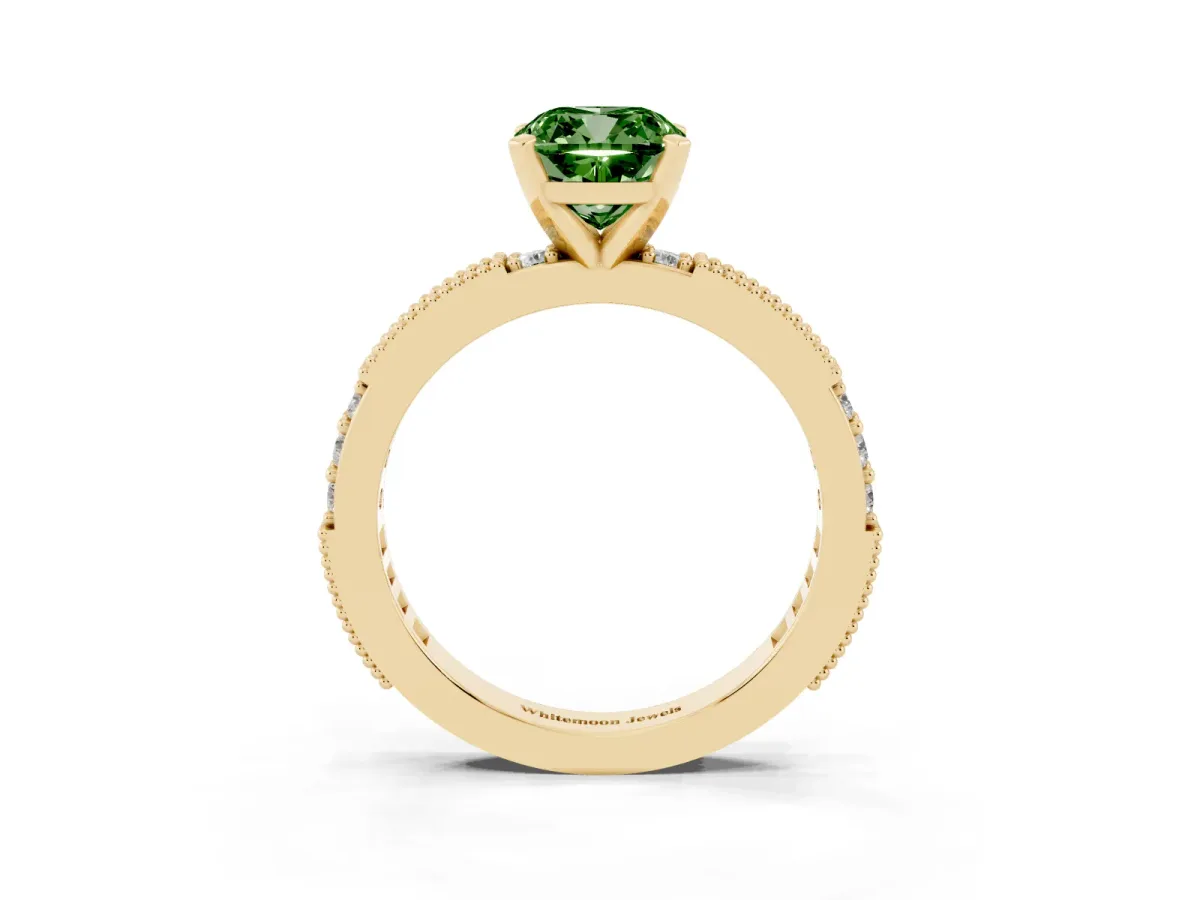 Fancy Green Cushion Cut Solitaire with Pavé Band and Four-Prong Setting Yellow gold