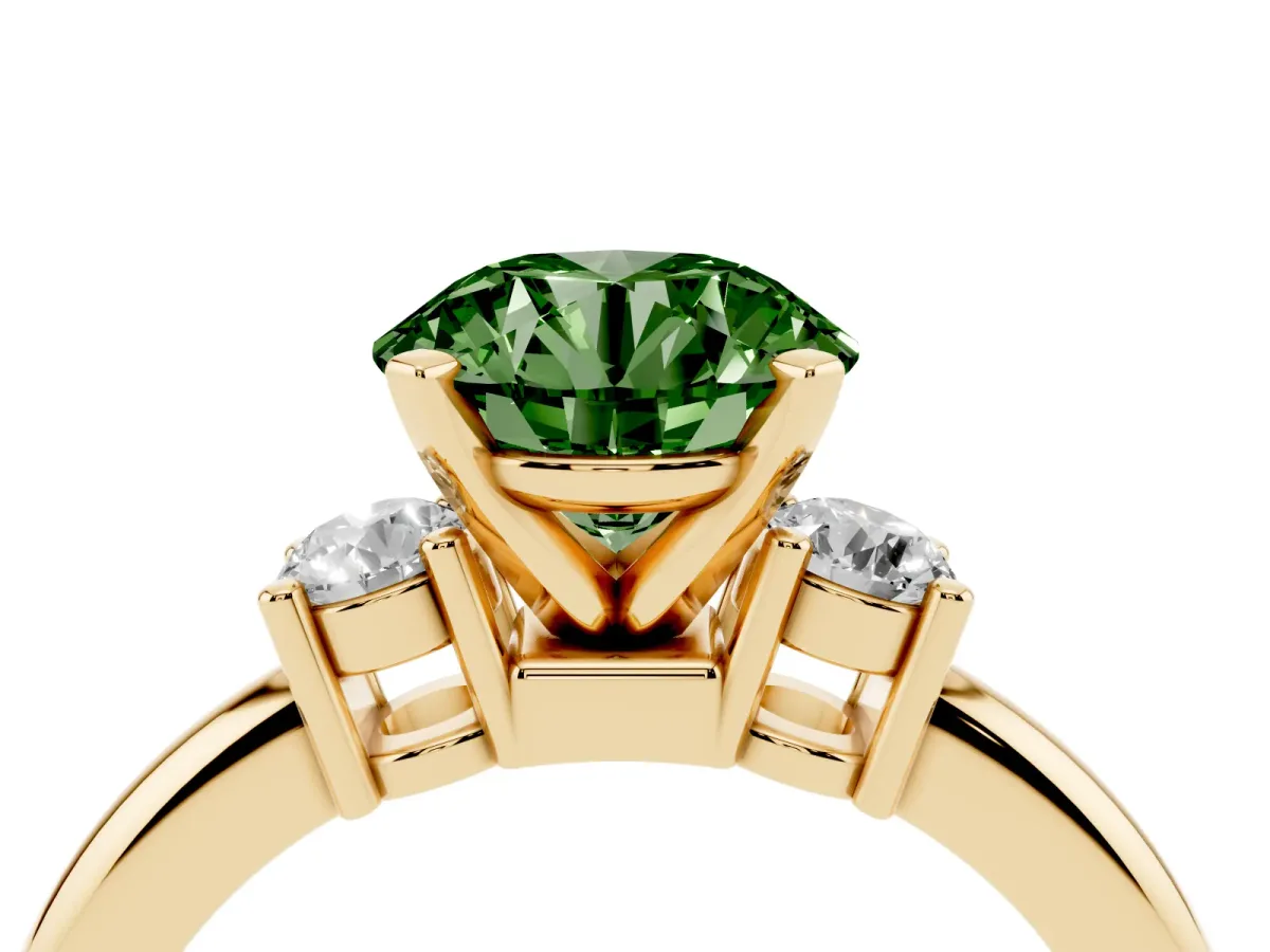Fancy Green Three-Stone Round Cut Cut Diamond Solitaire with Prong Setting and Classic Band Yellow gold