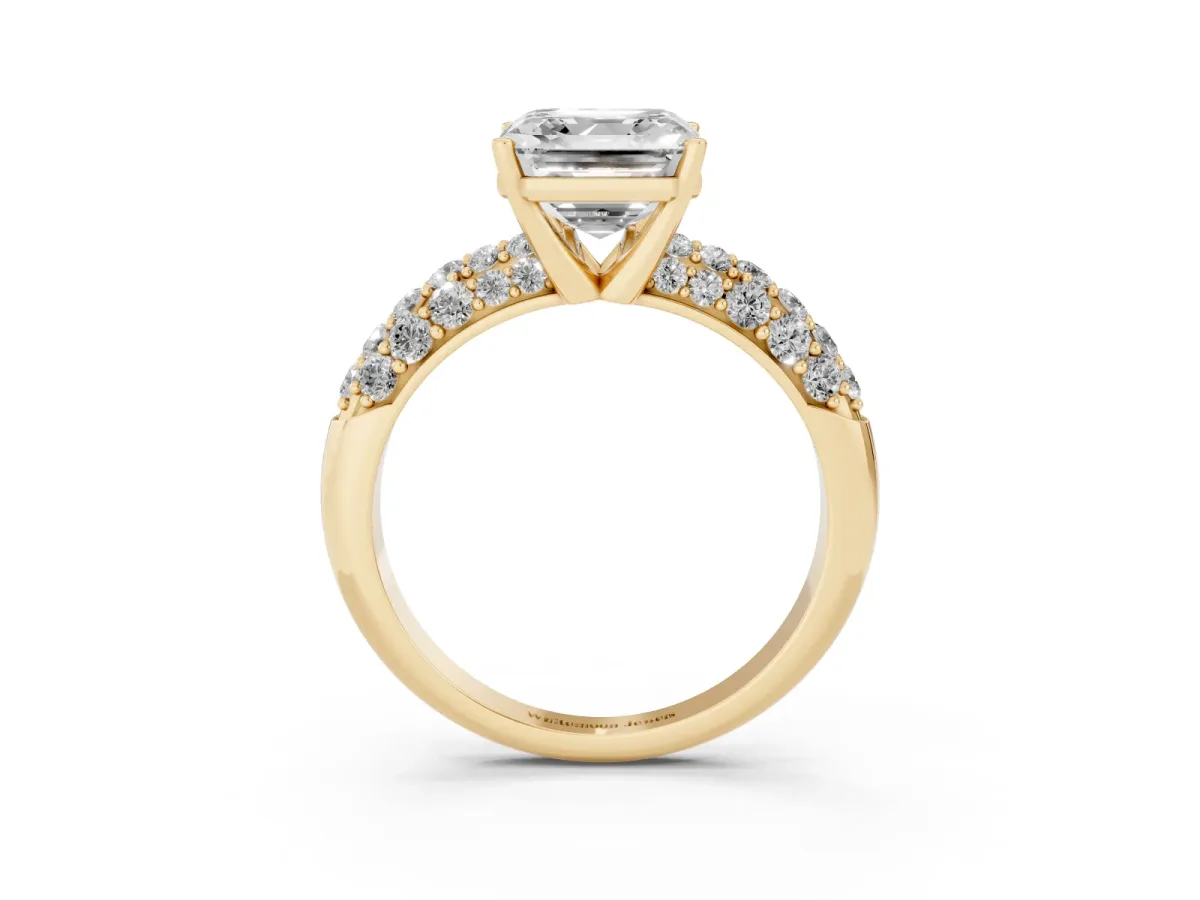 Asscher Cut Diamond Pavé Band Solitaire Ring with Four-Prong Setting Yellow gold