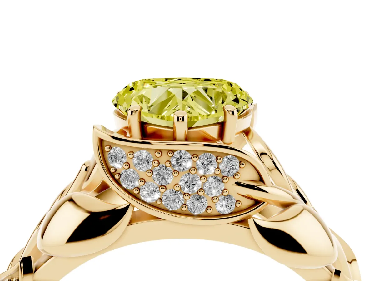 Fancy Yellow Heart Cut Diamond Leaf-Inspired Engagement Ring with Round Accents and Prong Setting Yellow gold