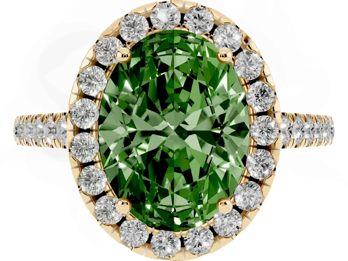 Fancy Green Oval Cut Halo Pavé Diamond Engagement Ring with Four-Prong Setting Yellow gold