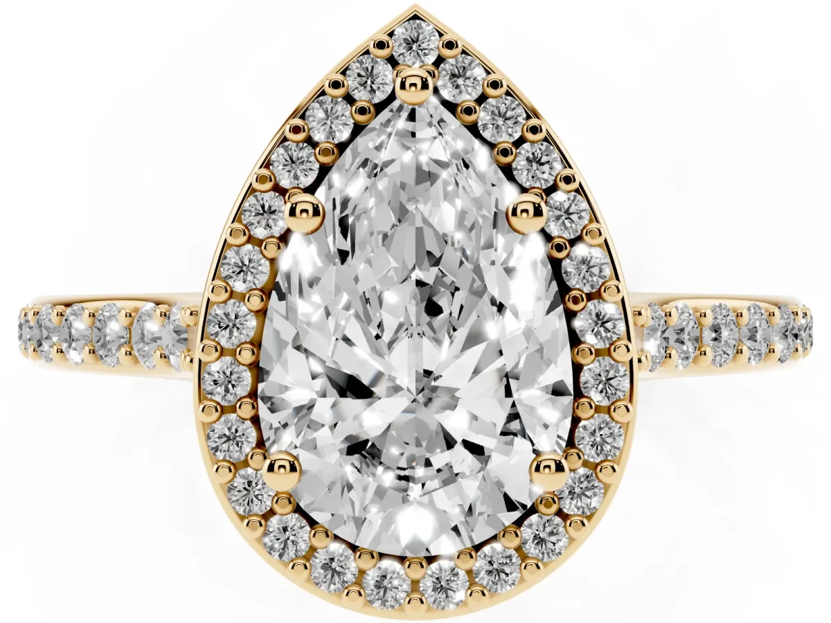 Pear Cut Diamond Halo Engagement Ring with Round Pavé Shoulders and Prong Setting Yellow gold