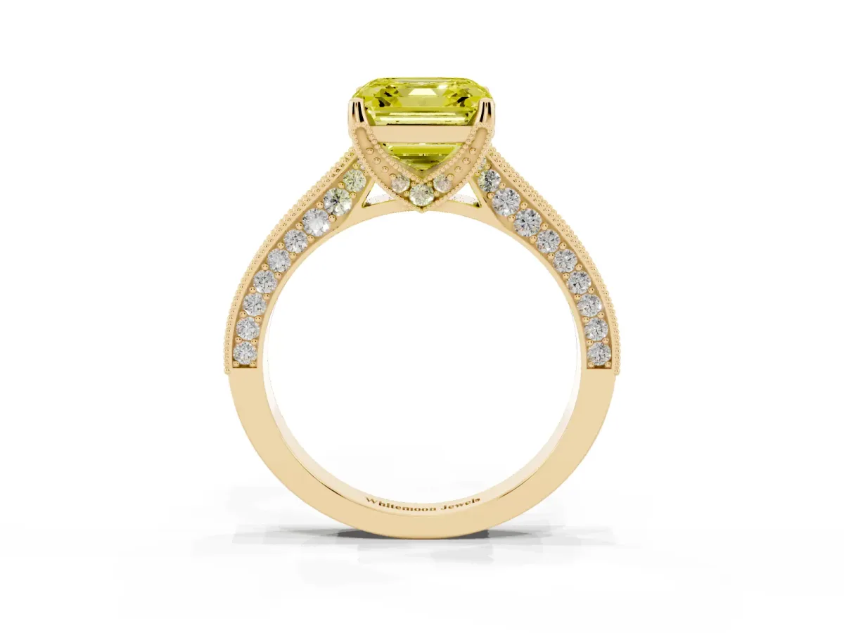Fancy Yellow Asscher Cut Cut Diamond Solitaire Ring with Milgrain Pave Band and Four Prong Setting Yellow gold