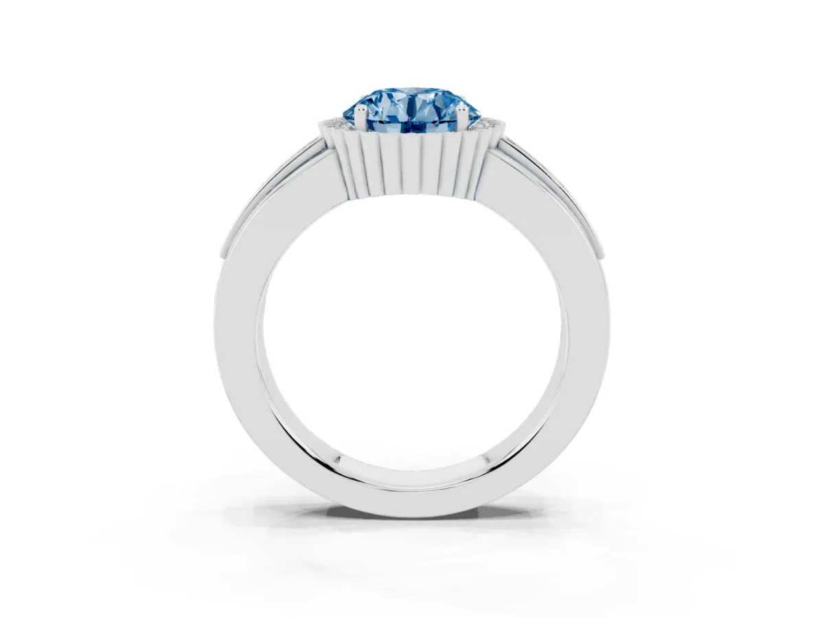 Fancy Blue Round Cut Cut Halo Pave Band Four-Prong Ring Silver