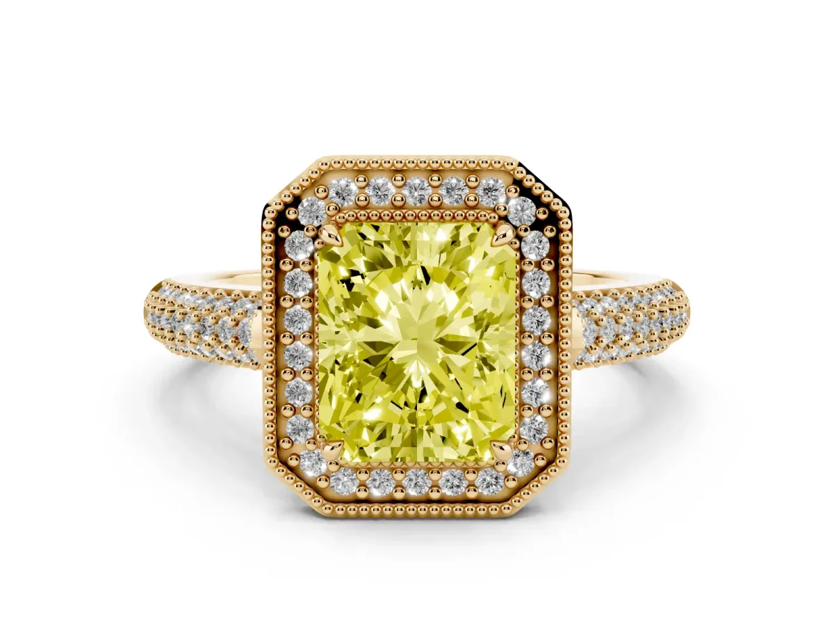 Fancy Yellow Radiant Cut Cut Halo Diamond Pave Band with Four-Prong Setting Yellow gold