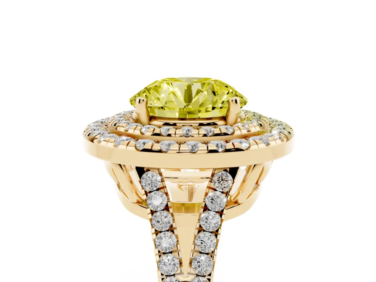 Fancy Yellow Round Cut Diamond Double Halo Ring with Pavé Band and Prong Setting Yellow gold