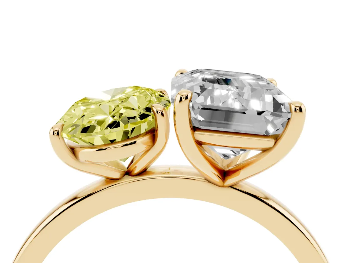 Fancy Yellow Oval Cut and Emerald Cut Toi Moi Ring with Prong Setting Yellow gold