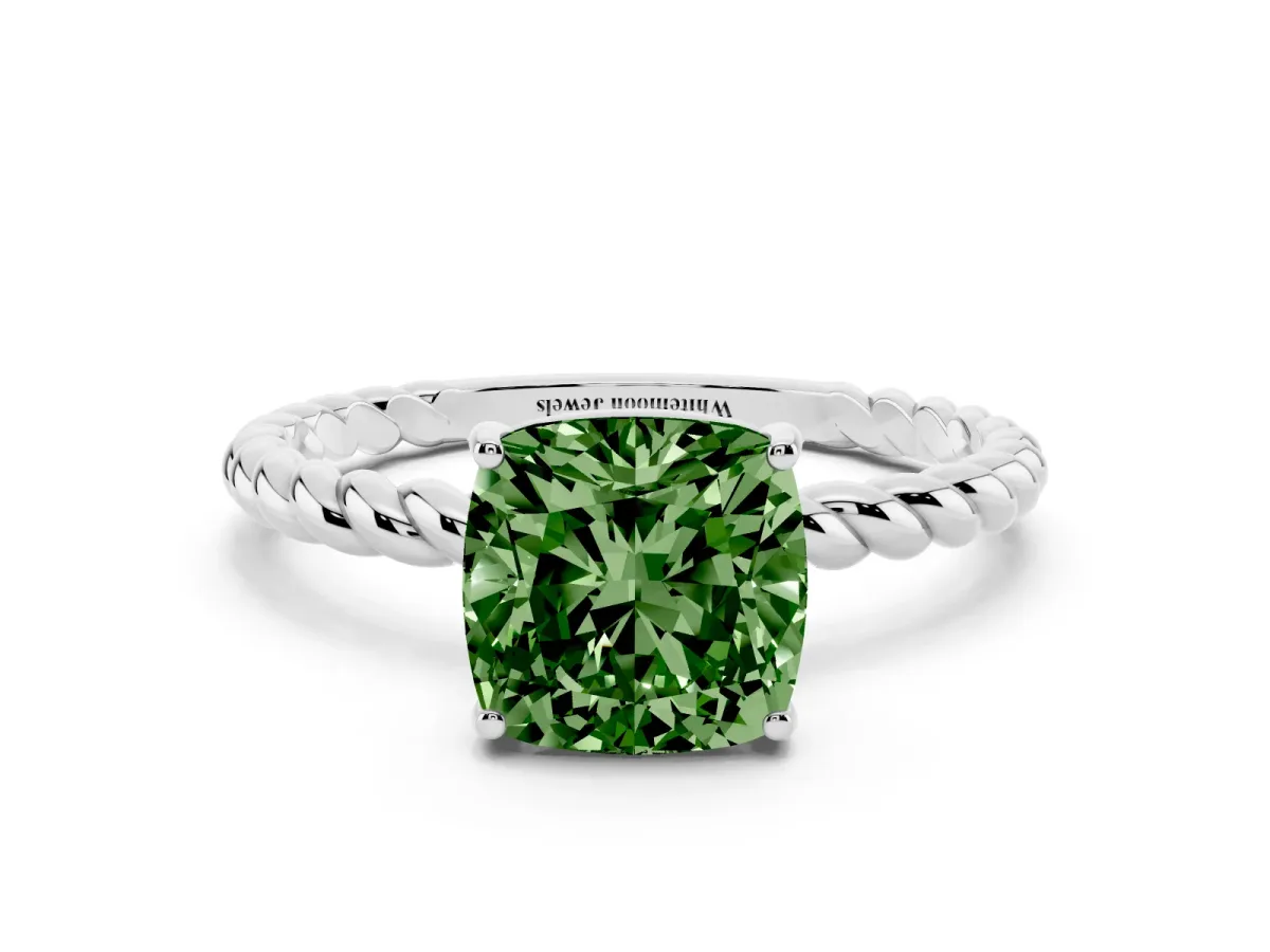 Fancy Green Cushion Cut Solitaire Twist Band Ring with Four-Prong Setting Silver