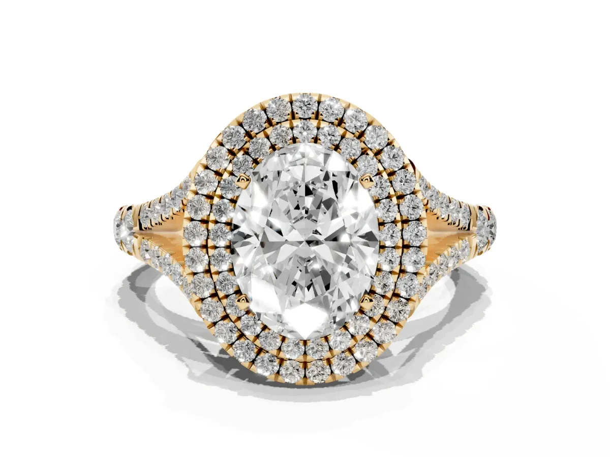 Oval Cut Cut Double Halo Split Shank Diamond Ring with Prong Setting Yellow gold