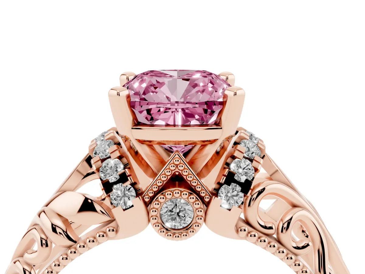 Fancy Pink Cushion Cut Solitaire Filigree Engagement Ring with Halo and Prong Setting Rose gold