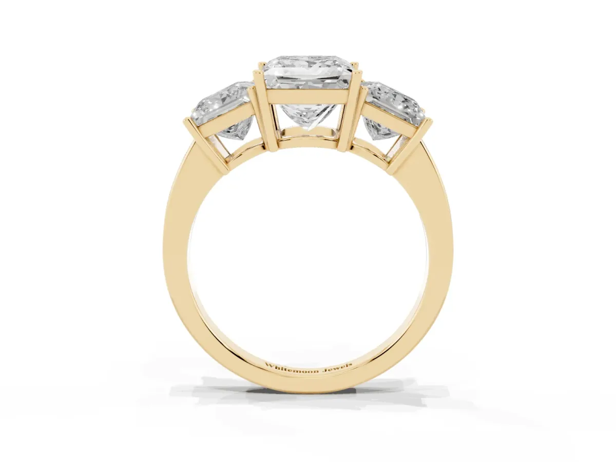 Three-Stone Princess Cut Cut Diamond Engagement Ring with Flat Band and Four-Prong Setting Yellow gold