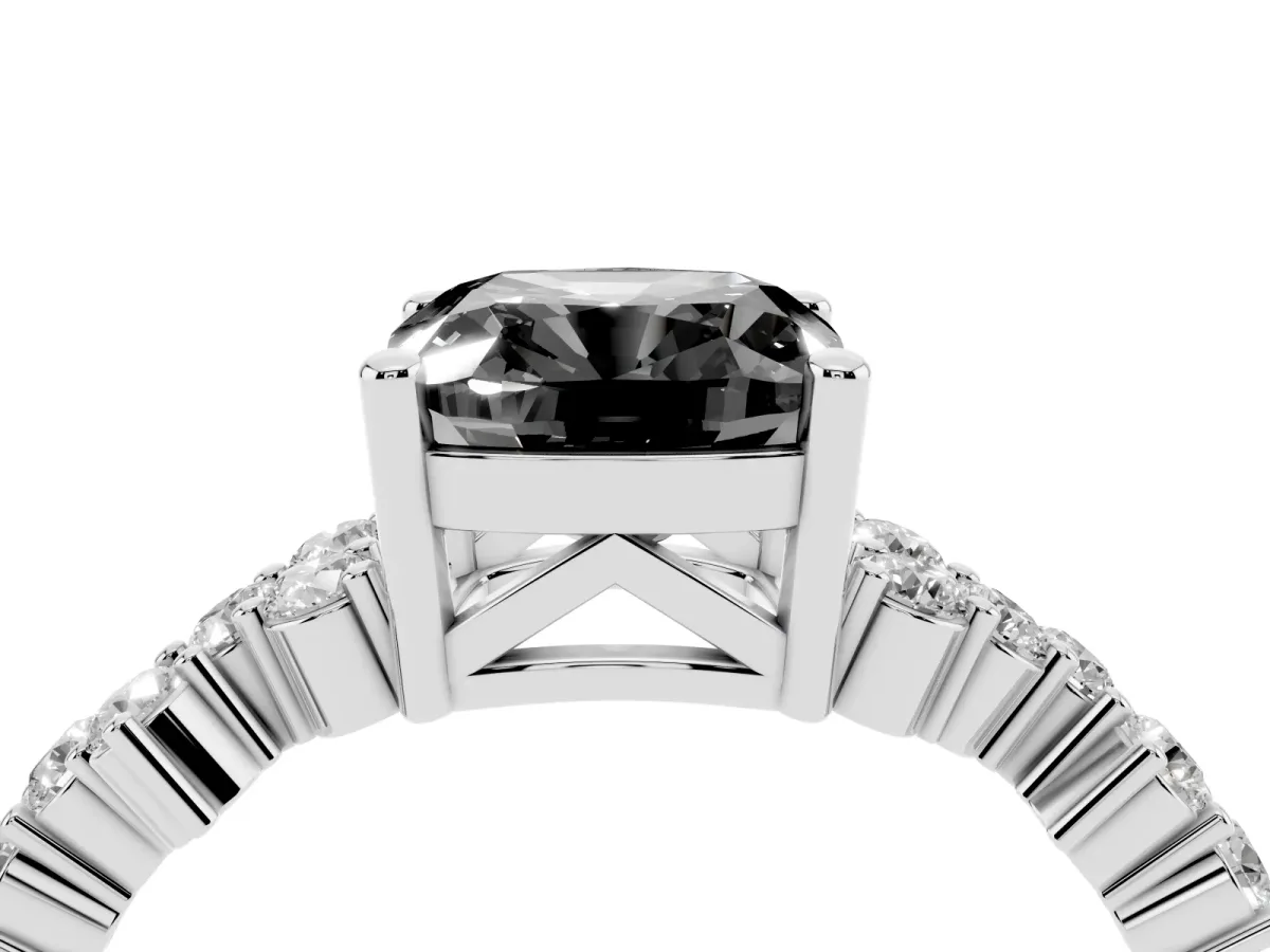 Fancy Black Cushion Cut Diamond Scattered Round Accent Ring with Prong Setting White gold