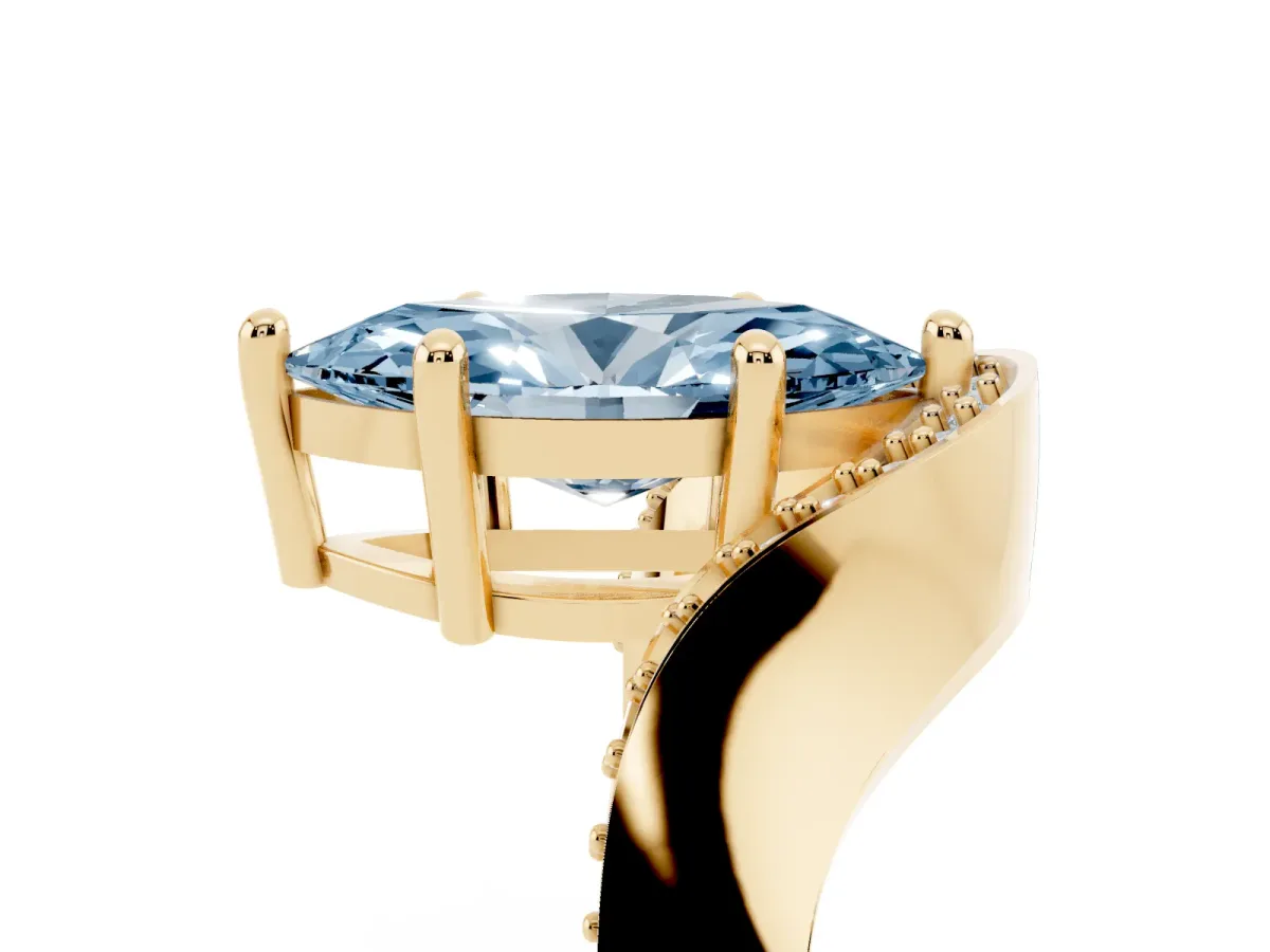 Fancy Blue Marquise Cut Solitaire Diamond Engagement Ring with Pave Band and Four-Prong Setting Yellow gold