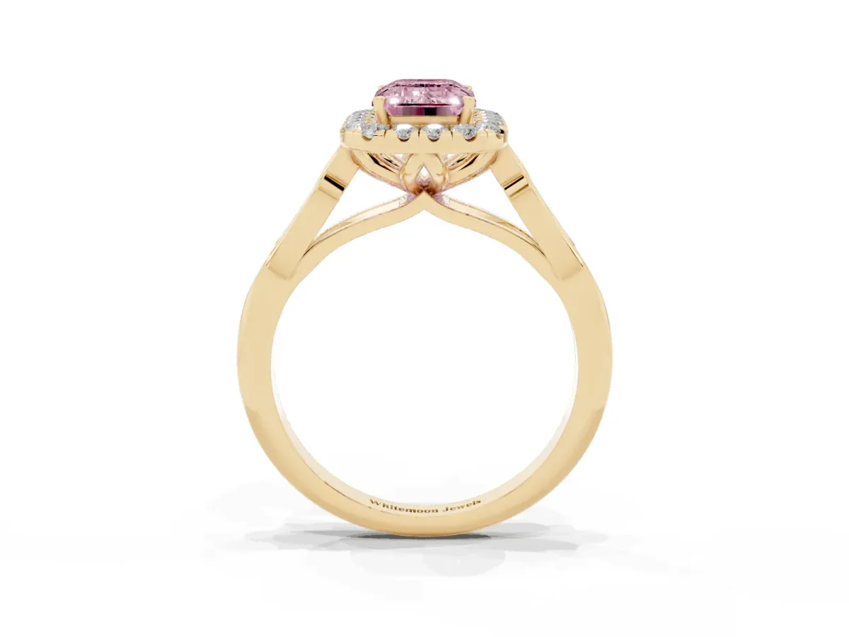 Fancy Pink Emerald Cut Halo Diamond Engagement Ring with Filigree Band and Four-Prong Setting Yellow gold