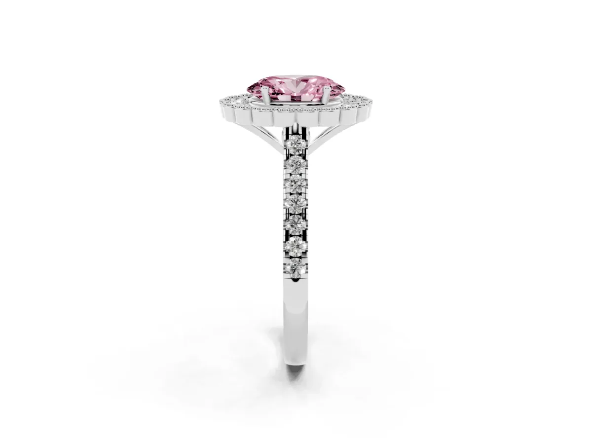Fancy Pink Oval Cut Cut Diamond Milgrain Floral Halo Engagement Ring with Pavé Band Silver