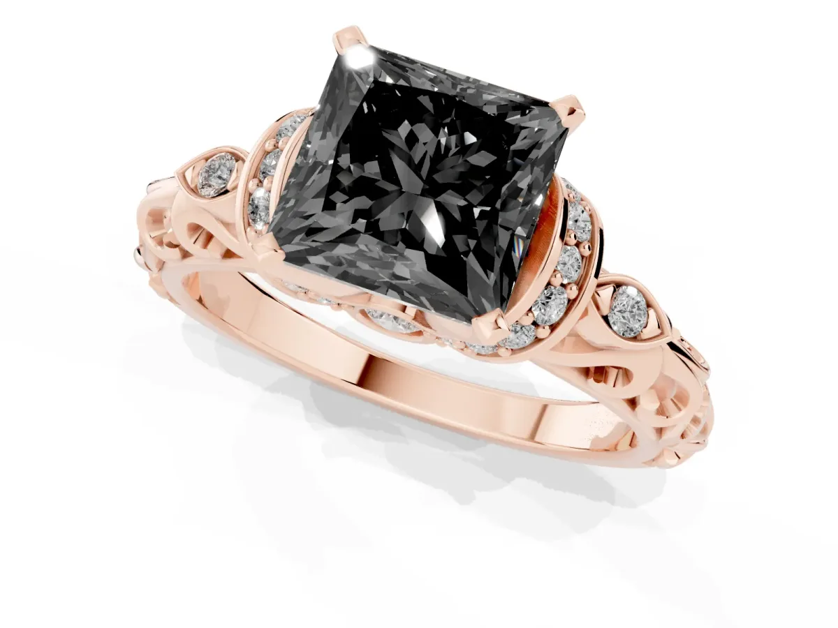 Fancy Black Princess Cut Diamond Solitaire Ring with Filigree Band and Four-Prong Setting Rose gold