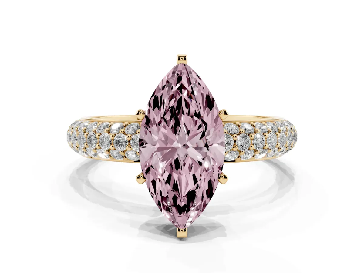 Fancy Pink Marquise Cut Diamond Solitaire Ring with Prong Setting and Pavé Band Yellow gold