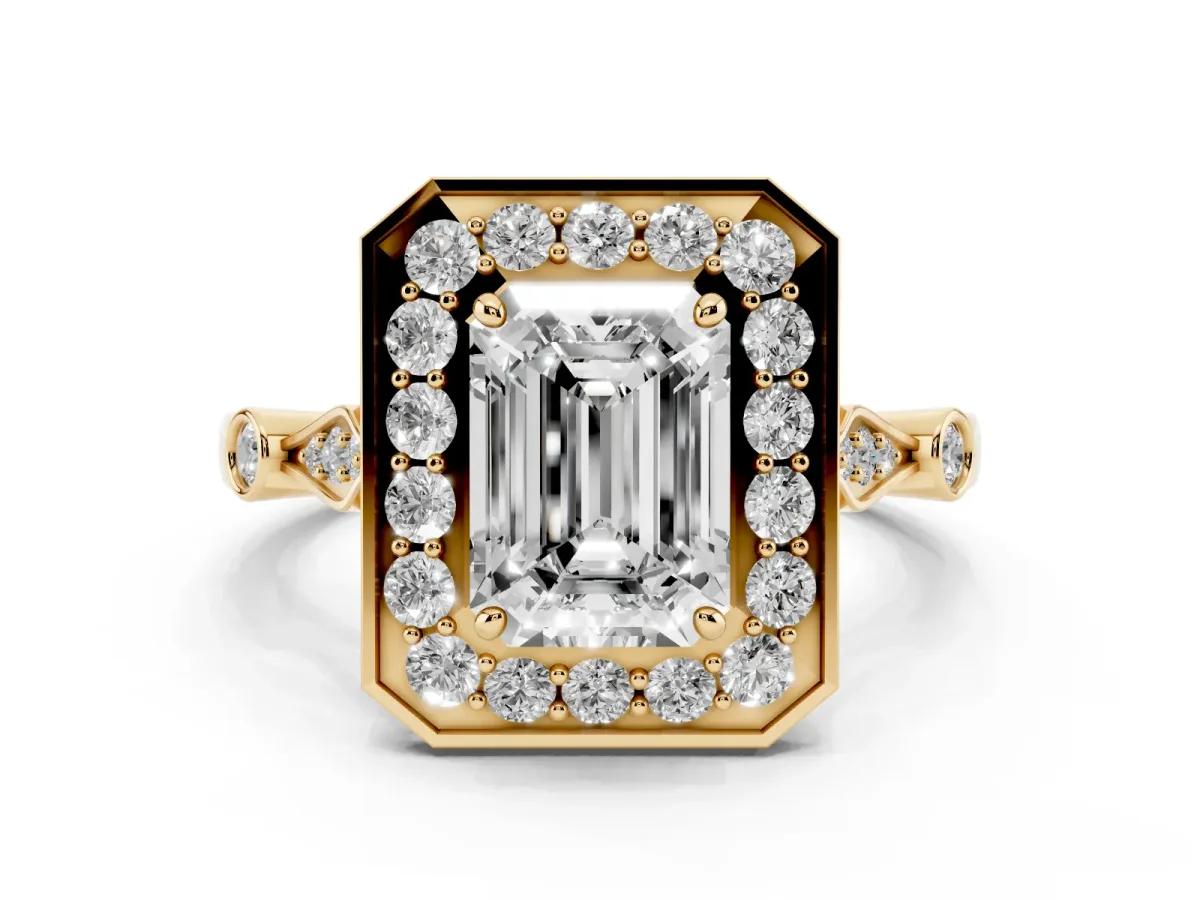Emerald Cut Halo Diamond Engagement Ring with Twisted Band and Four-Prong Setting Yellow gold