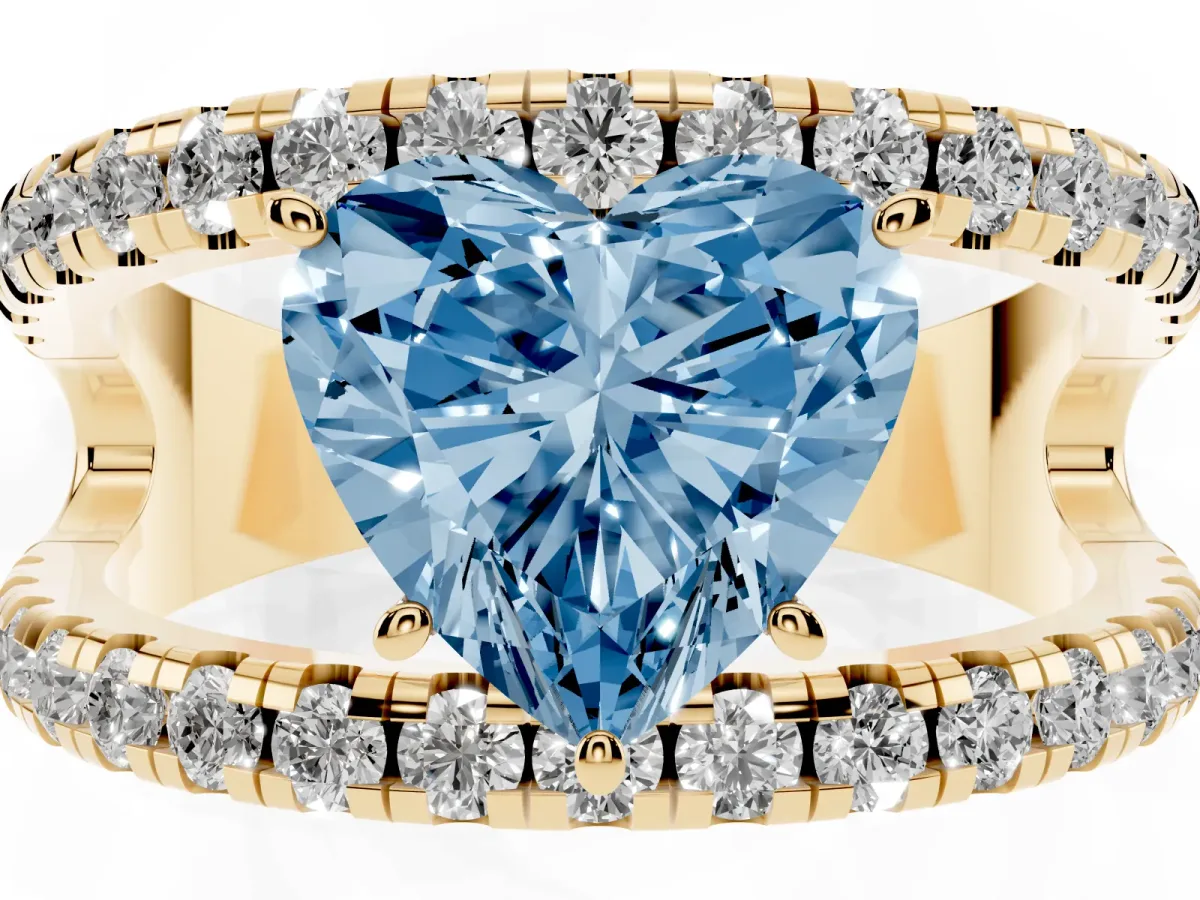 Fancy Blue Heart Cut Solitaire Split Shank Pave Diamond Ring Yellow gold