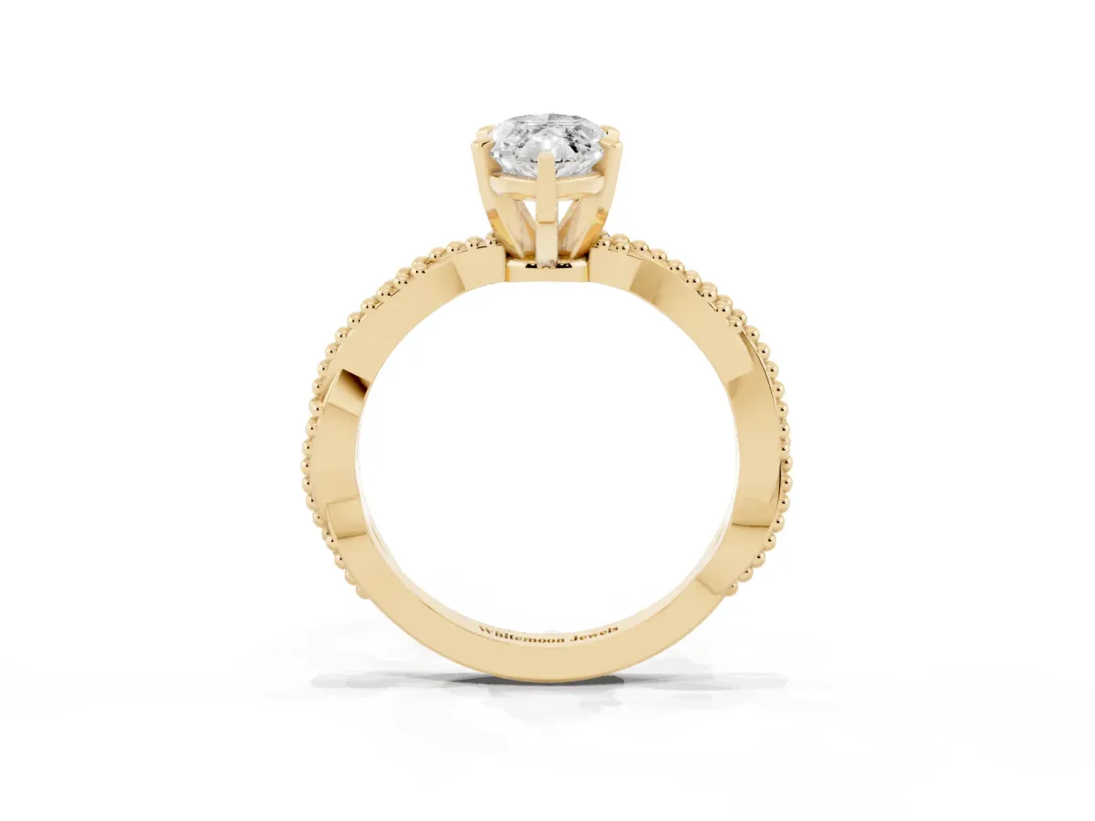 Marquise Cut Solitaire Twisted Band with Bead Prong Setting Yellow gold