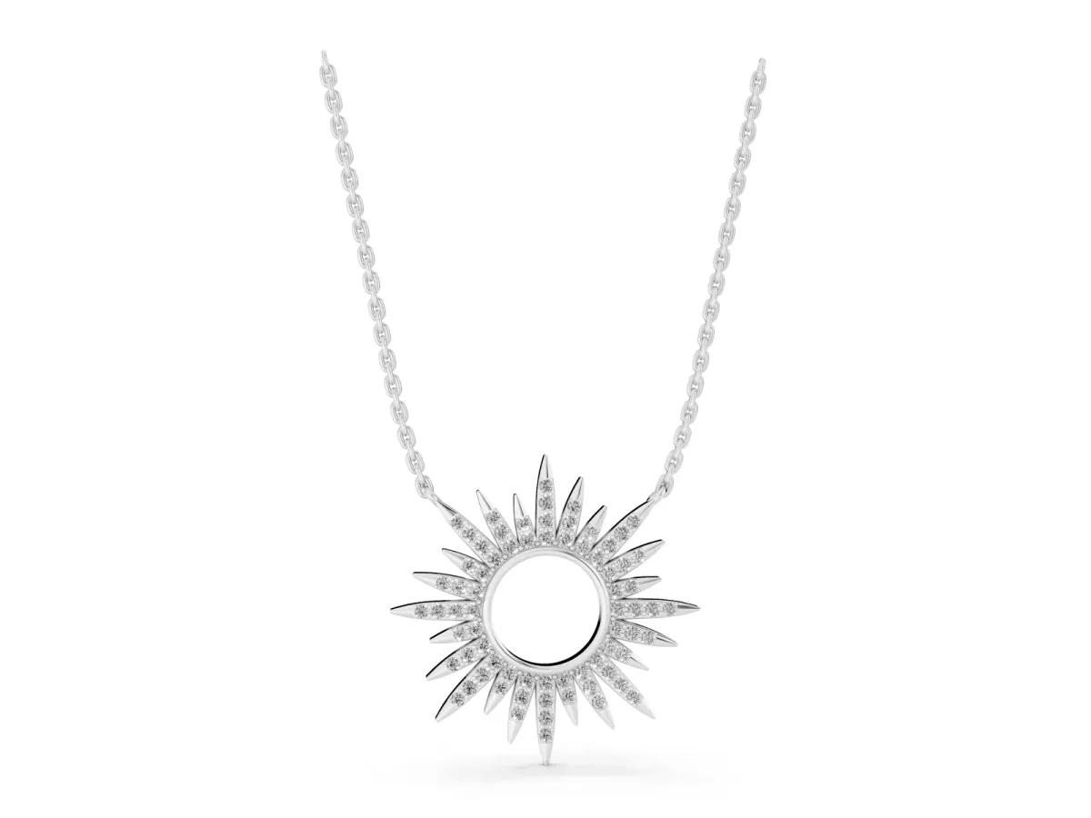 Round Cut Diamond Sunburst Pendant with Pavé Setting Silver