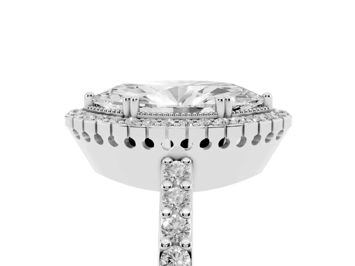 Marquise Cut Cut Diamond Halo Engagement Ring with Milgrain Detail and Pavé Band White gold