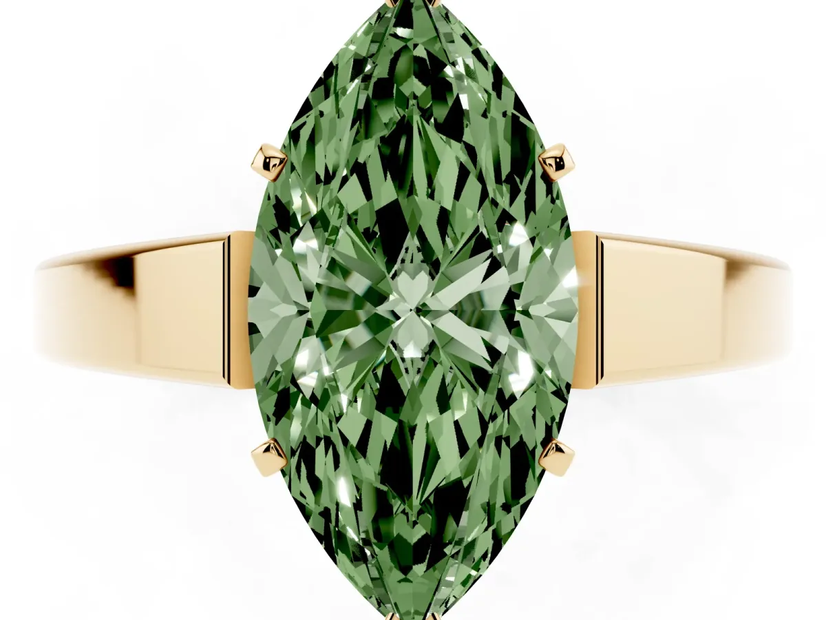 Fancy Green Marquise Cut Solitaire Engagement Ring with Four-Prong Setting and Tapered Band Yellow gold