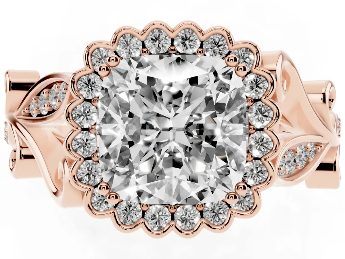 Cushion Cut Diamond Halo Ring with Vintage Split Shank and Four-Prong Setting Rose gold