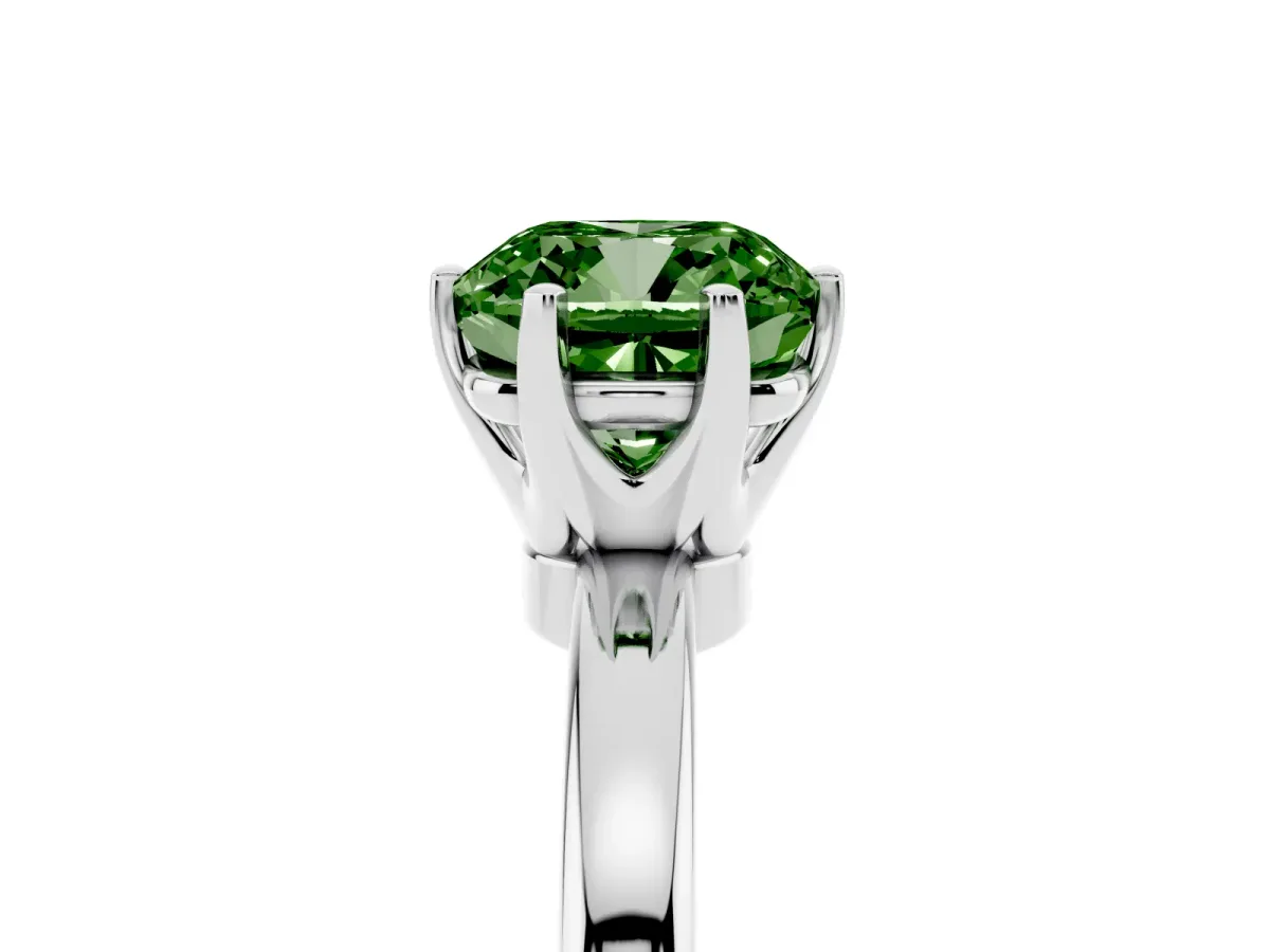 Fancy Green Cushion Cut Solitaire Diamond Ring with Six-Prong Setting on a Classic Band Silver
