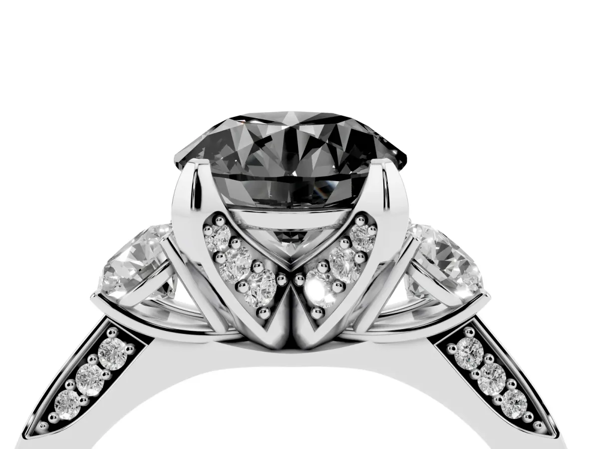 Fancy Black Round Cut Brilliant Three-Stone Diamond Ring with Pavé Band and Four-Prong Setting Platinum