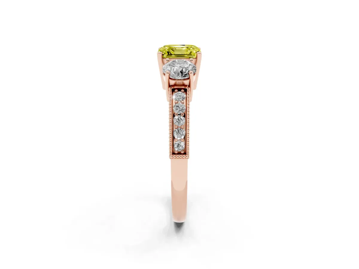 Fancy Yellow Asscher Cut Three-Stone Diamond Ring with Pavé Band and Four-Prong Setting Rose gold