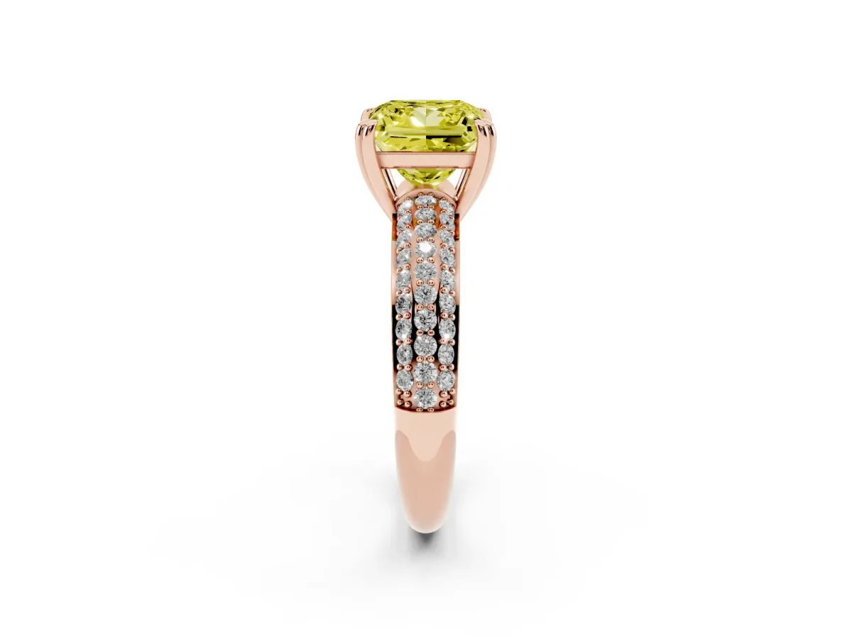 Fancy Yellow Princess Cut Diamond Solitaire Ring with Multi-Row Round Pavé Band and Prong Setting Rose gold