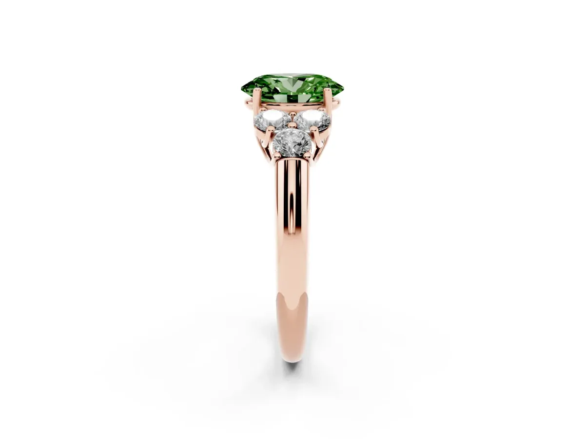 Fancy Green Oval Cut Cut Diamond Cluster Ring with Round Accent Stones and Prong Setting on a Classic Band Rose gold