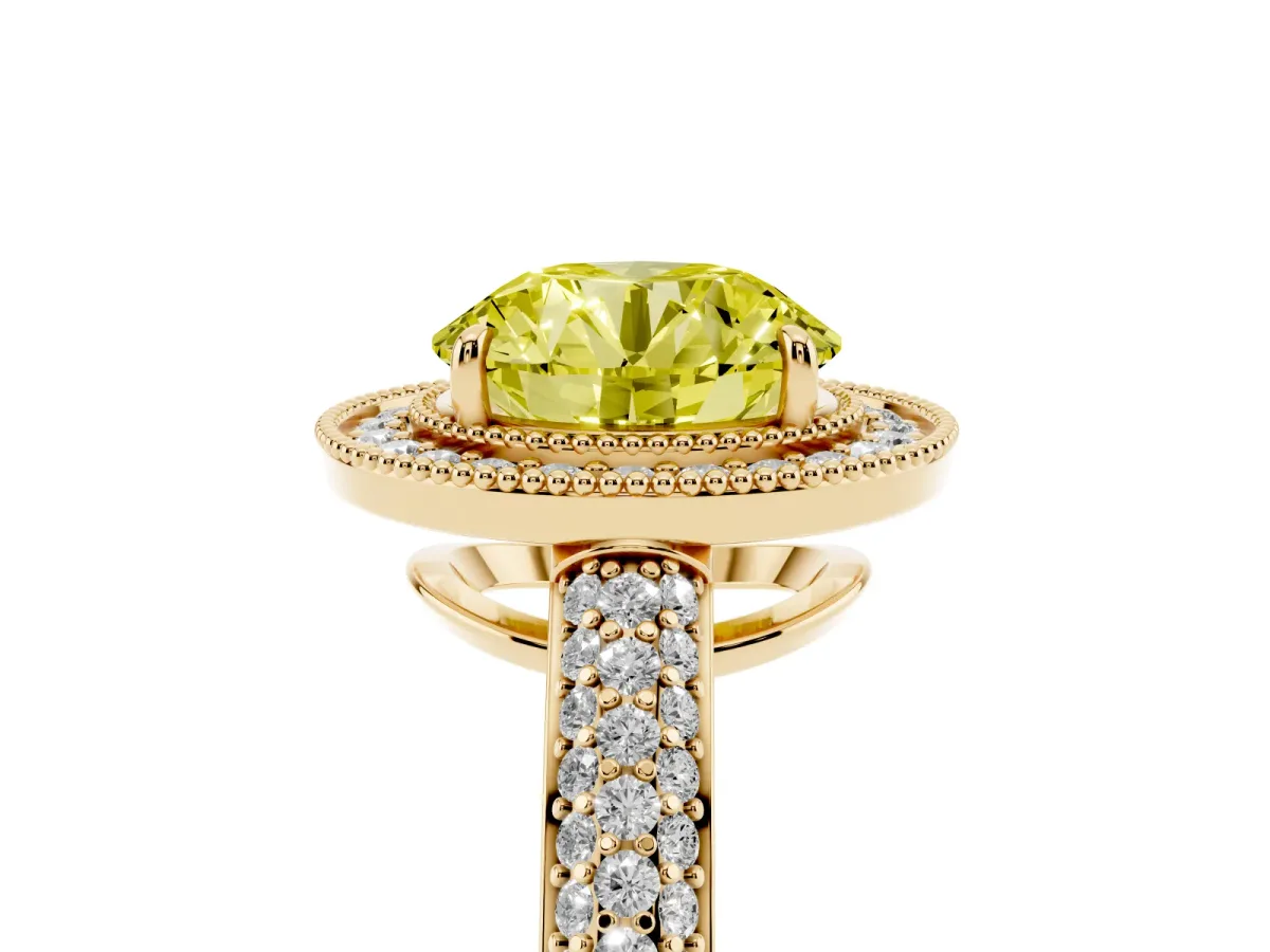 Fancy Yellow Round Cut Cut Halo Diamond Pave Band with Four-Prong Setting Yellow gold