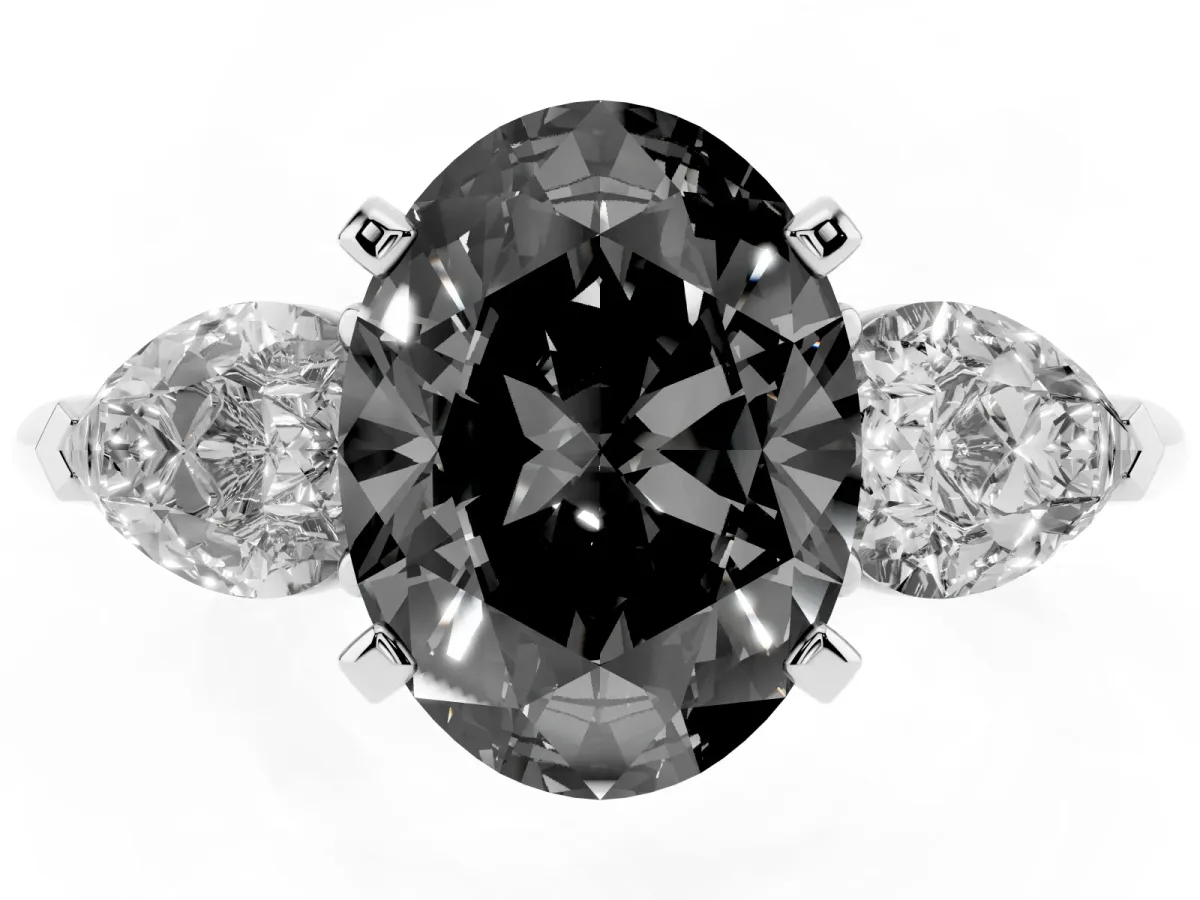 Fancy Black Three-Stone Oval Cut Diamond Ring with Pear Side Stones and Four-Prong Setting Silver