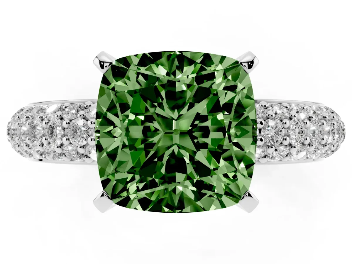 Fancy Green Cushion Cut Diamond Solitaire Ring with Prong Setting and Pavé Band Silver