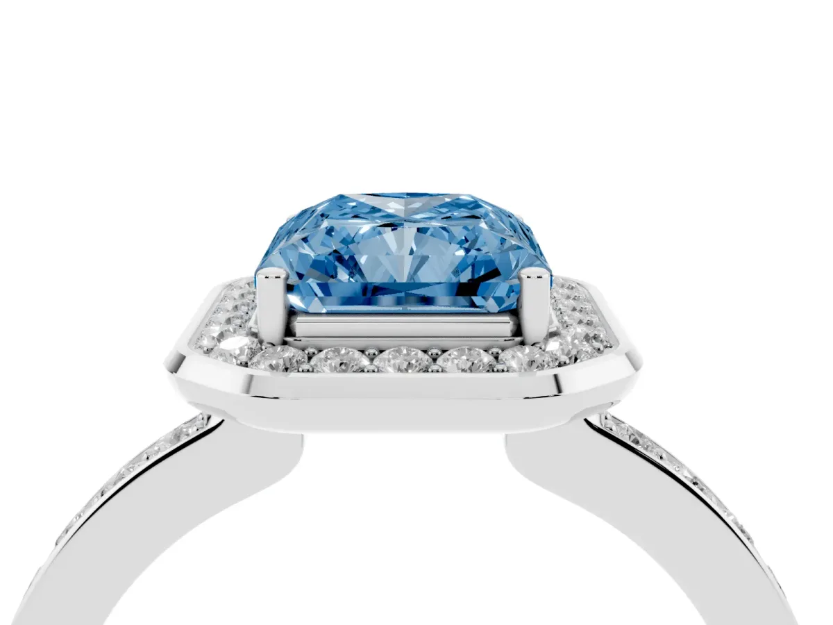 Fancy Blue Radiant Cut Diamond Halo Ring with Bezel Frame and Pavé Band Silver