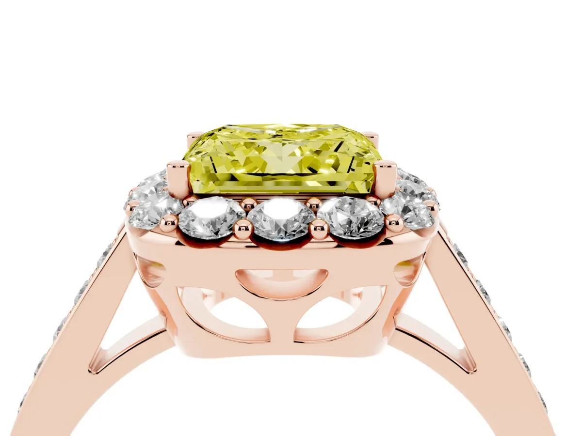 Fancy Yellow Princess Cut Diamond Floral Halo Ring with Pavé Band and Prong Setting Rose gold