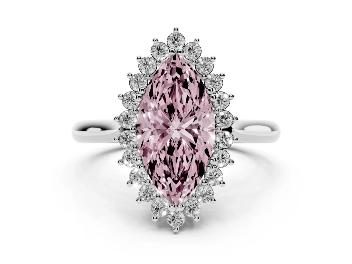 Fancy Pink Marquise Cut Cut Diamond Halo Ring with Solitaire Band and Prong Setting Platinum