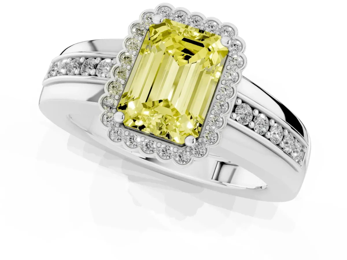 Fancy Yellow Emerald Cut Cut Halo Pave Band Four-Prong Ring Silver
