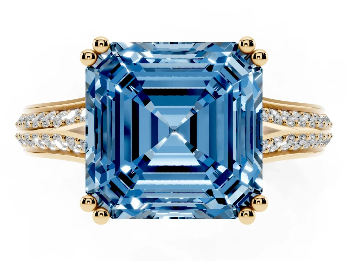 Fancy Blue Asscher Cut Diamond Split Shank Engagement Ring with Pavé Band Yellow gold