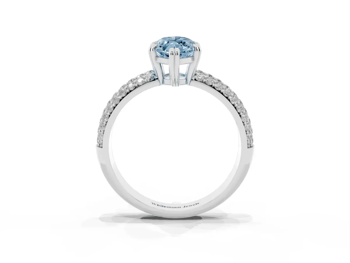 Fancy Blue Marquise Cut Diamond Solitaire Ring with Multi-Row Round Pavé Band and Prong Setting Silver