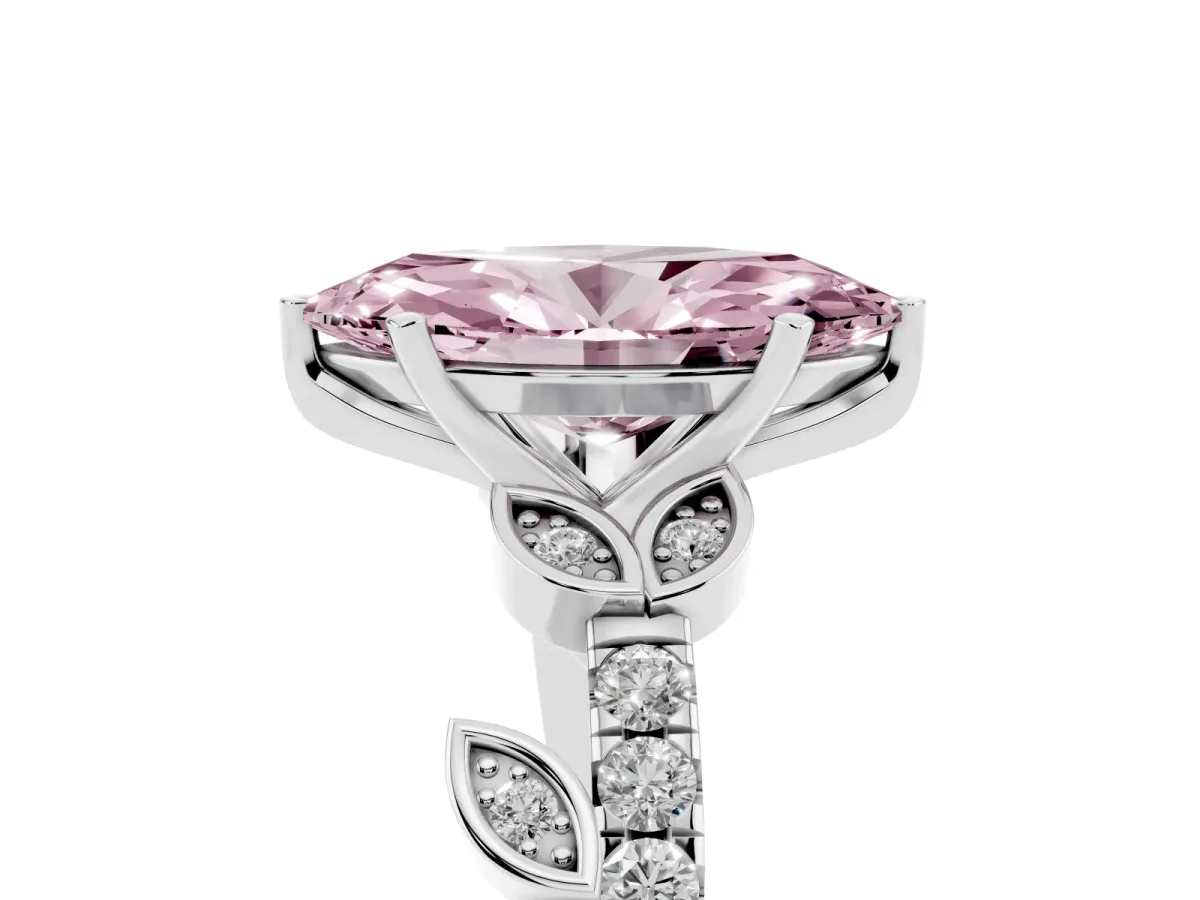 Fancy Pink Marquise Cut Solitaire Leaf-Inspired Diamond Ring with Pavé Band and Four-Prong Setting Silver