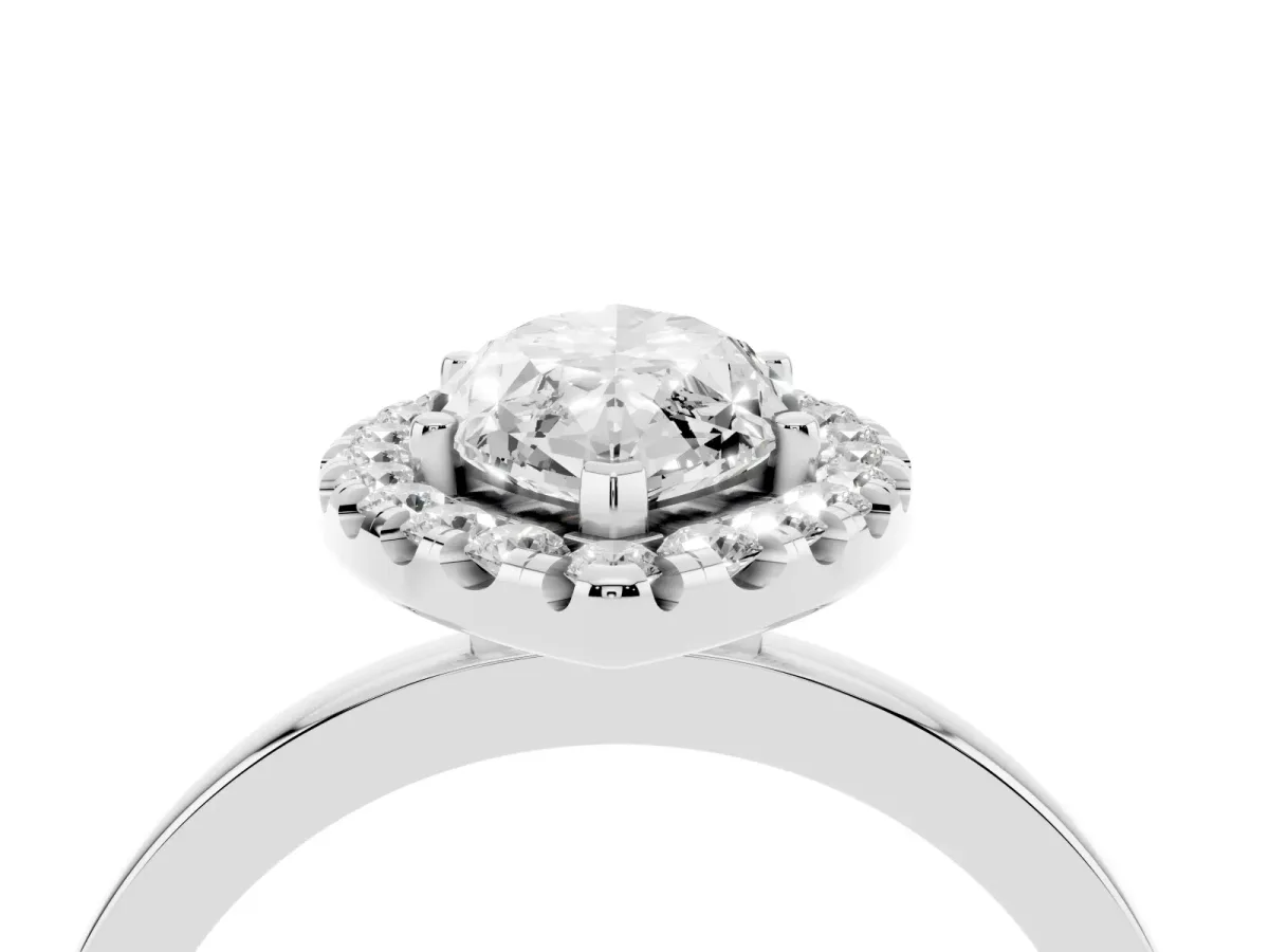 Marquise Cut Halo Diamond Solitaire with Pavé Band and Four-Prong Setting White gold