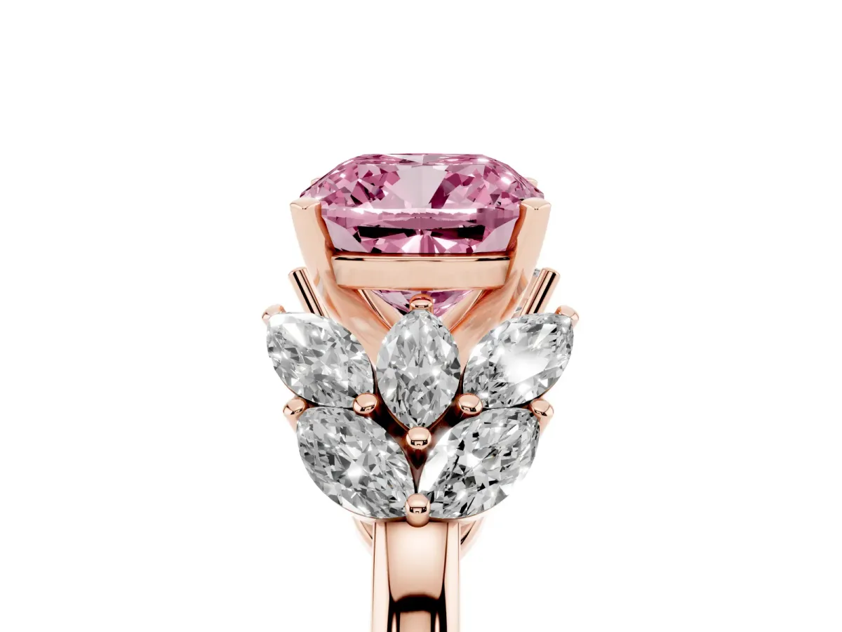 Fancy Pink Cushion Cut Diamond Cluster Leaf Design Ring with Prong Setting Rose gold