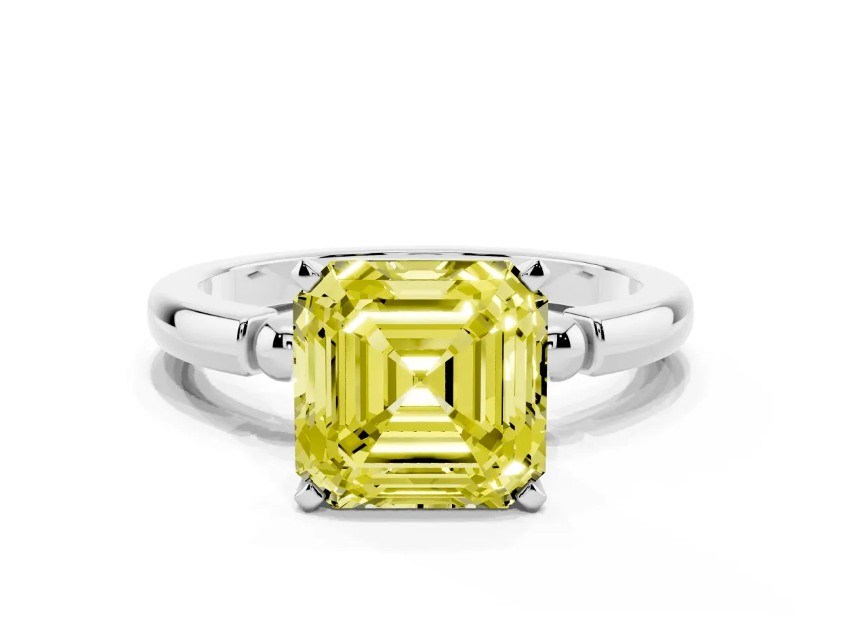 Fancy Yellow Asscher Cut Solitaire Beaded Band with Four-Prong Setting Platinum