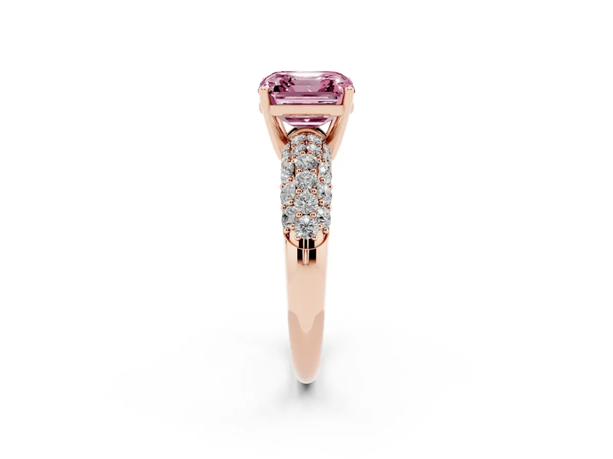 Fancy Pink Asscher Cut Diamond Pavé Band Solitaire Ring with Four-Prong Setting Rose gold